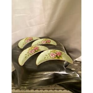 VTG Lefton China Set of 4 Bone Dishes crescent shape green with roses #3708 EUC